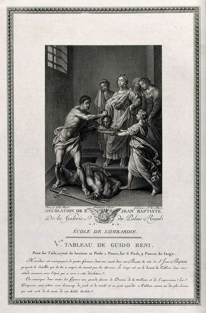 Decapitation of Saint John the Baptist. Engraving by N. Le Mire, 1791, after Borel after G. Reni.