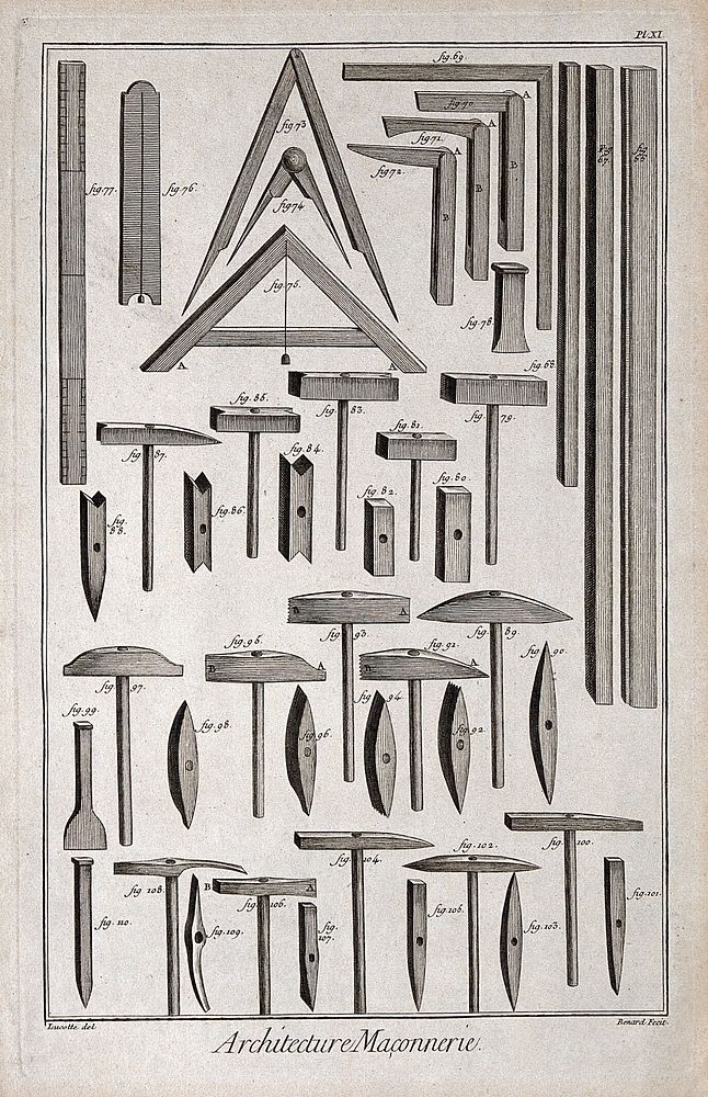 Architecture: mason's tools, masonry details. Engraving by Bénard after Lucotte.