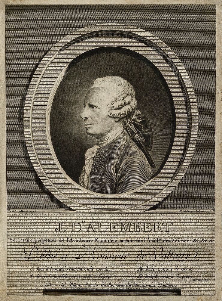 Jean le Rond d'Alembert. Line engraving by P. Maleuvre, 1775, after A. Pujos, 1774.