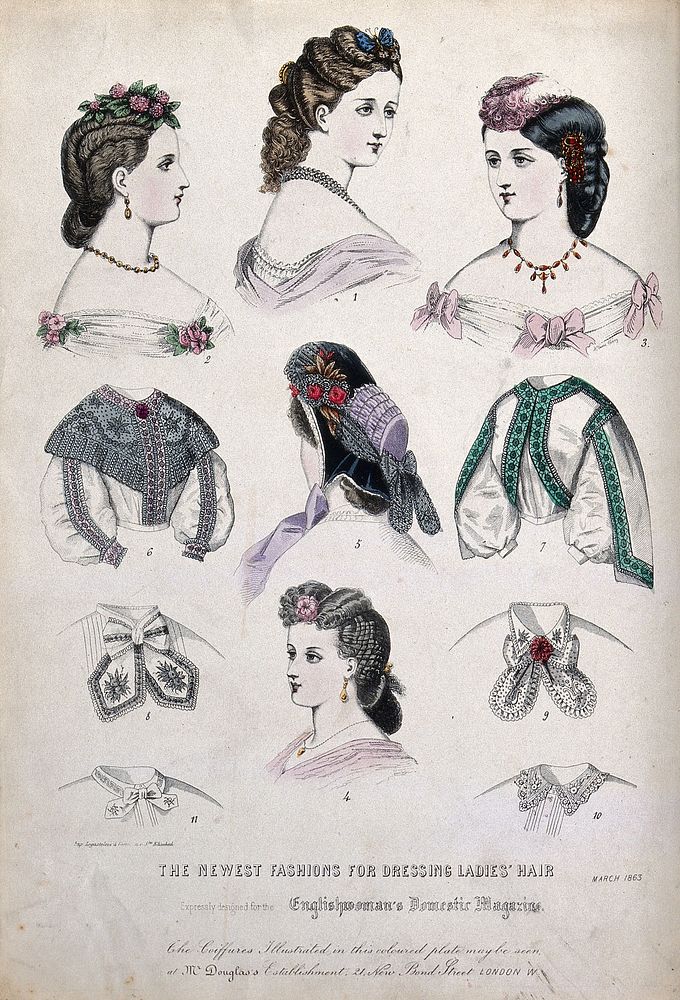 The heads and shoulders of five women wearing their hair dressed with flowers, butterflies, feathers, jewellery and a hat;…