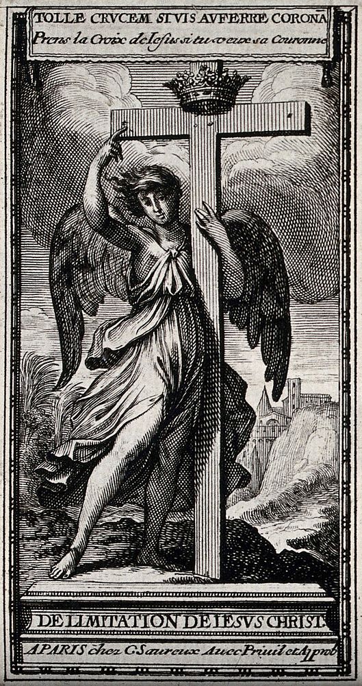An angel (representing religion) presenting the cross. Etching after L. Baugin.