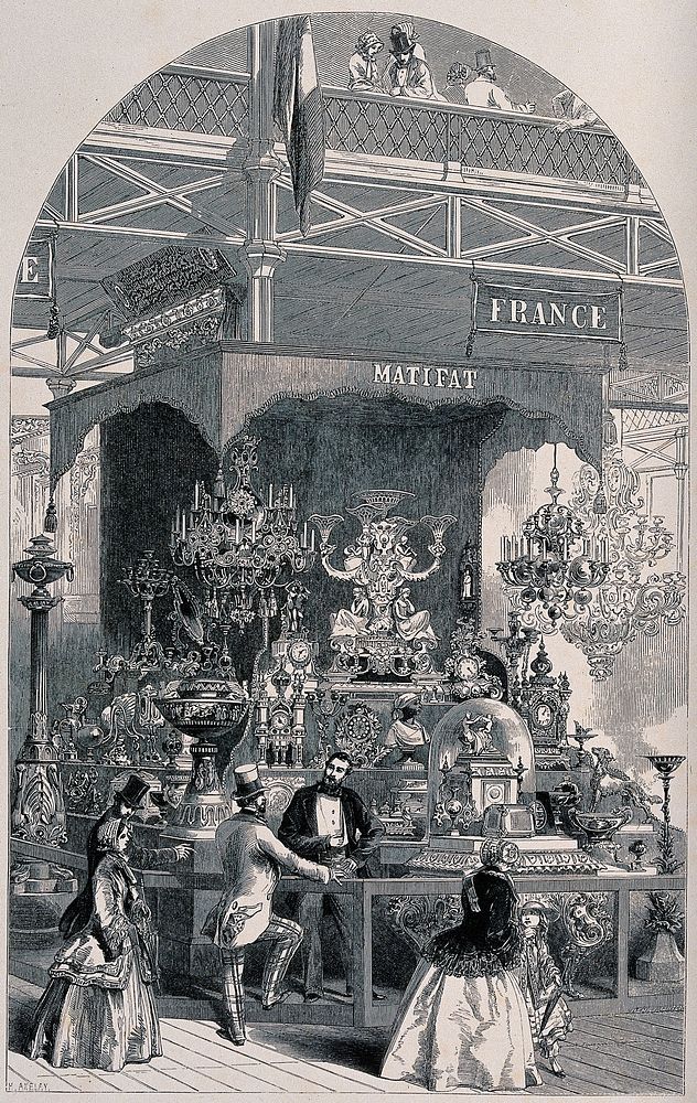Great Exhibition, London, 1851: the exhibition stand of Matifat showing gilt bronze lamps, vases, clocks and other…