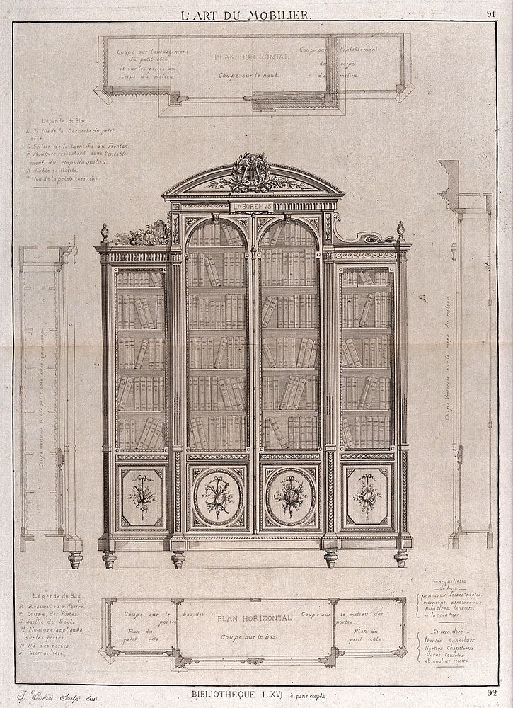 Cabinet-making: designs for a bookcase. Etching by J. Verchère after himself, 1880.
