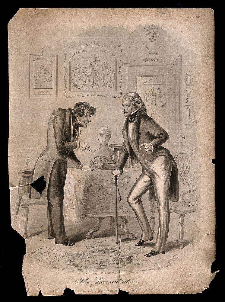 A hunchbacked physician talking to a patient who has a deformed hip. Engraving.
