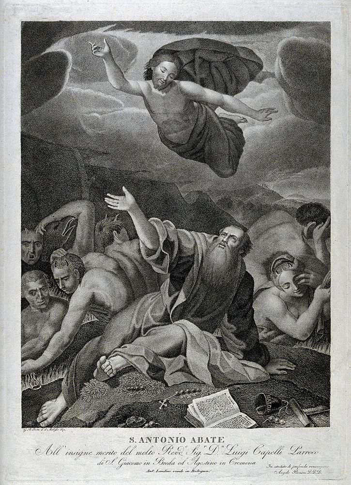 The temptation of Saint Antony Abbot. Stipple engraving by A. Bonini after G.B. Trotti, il Malosso.