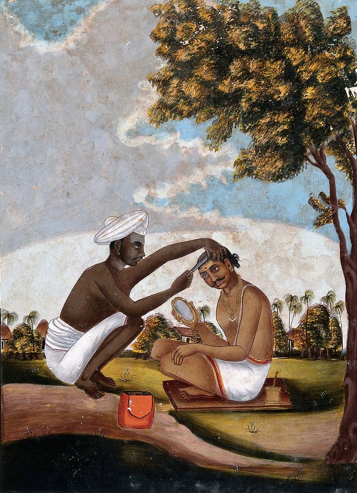 Hindu barber shaving a man's head. Gouache drawing.