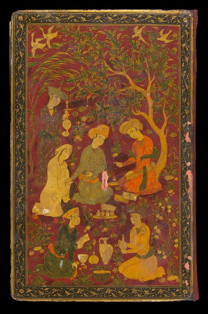 Physician talking to a female patient in a garden with servants preparing medicaments and potions. Persian lacquered binding…
