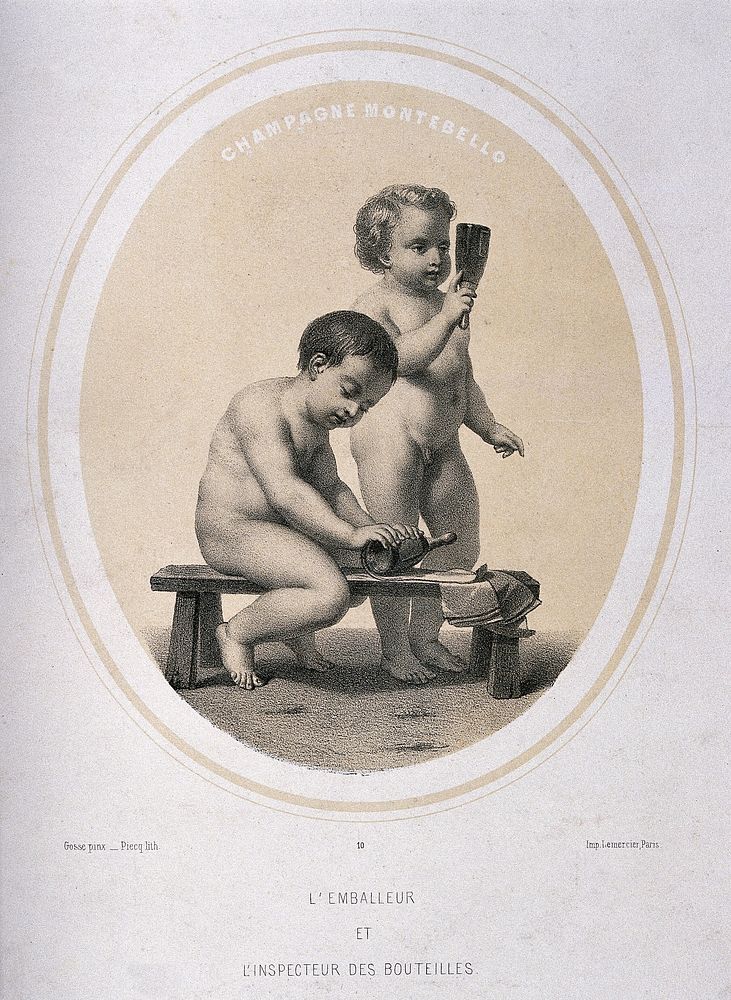 Two naked children wrapping and inspecting champagne bottles. Lithograph by Piecq, c. 1845, after Gosse.