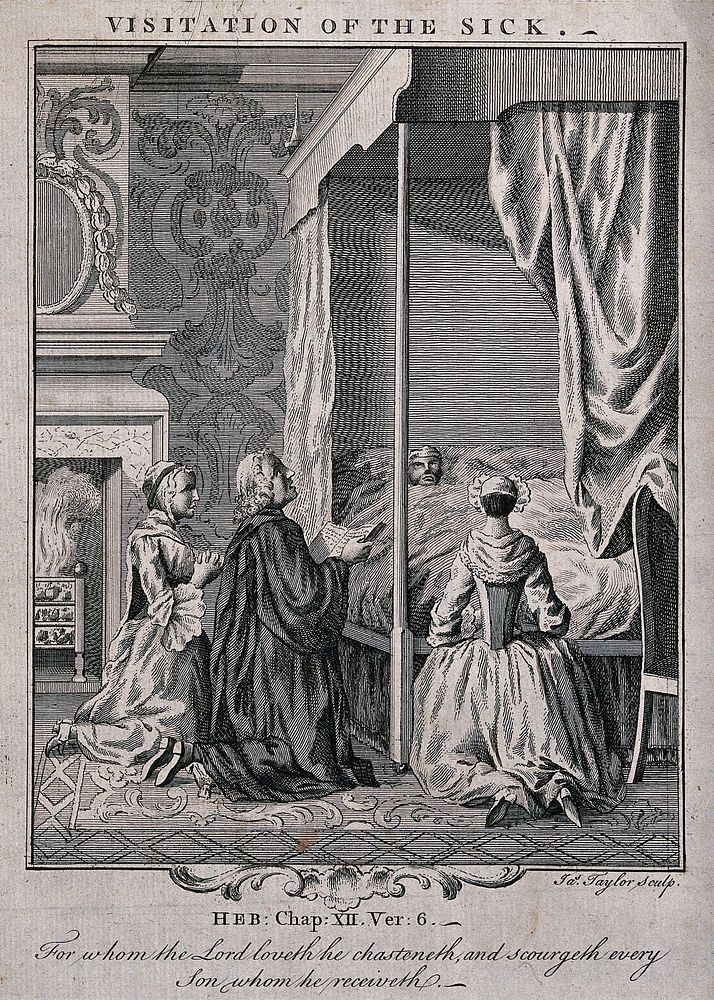 Three kneeling figures pray for a sick man. Etching by James Taylor, 17--.