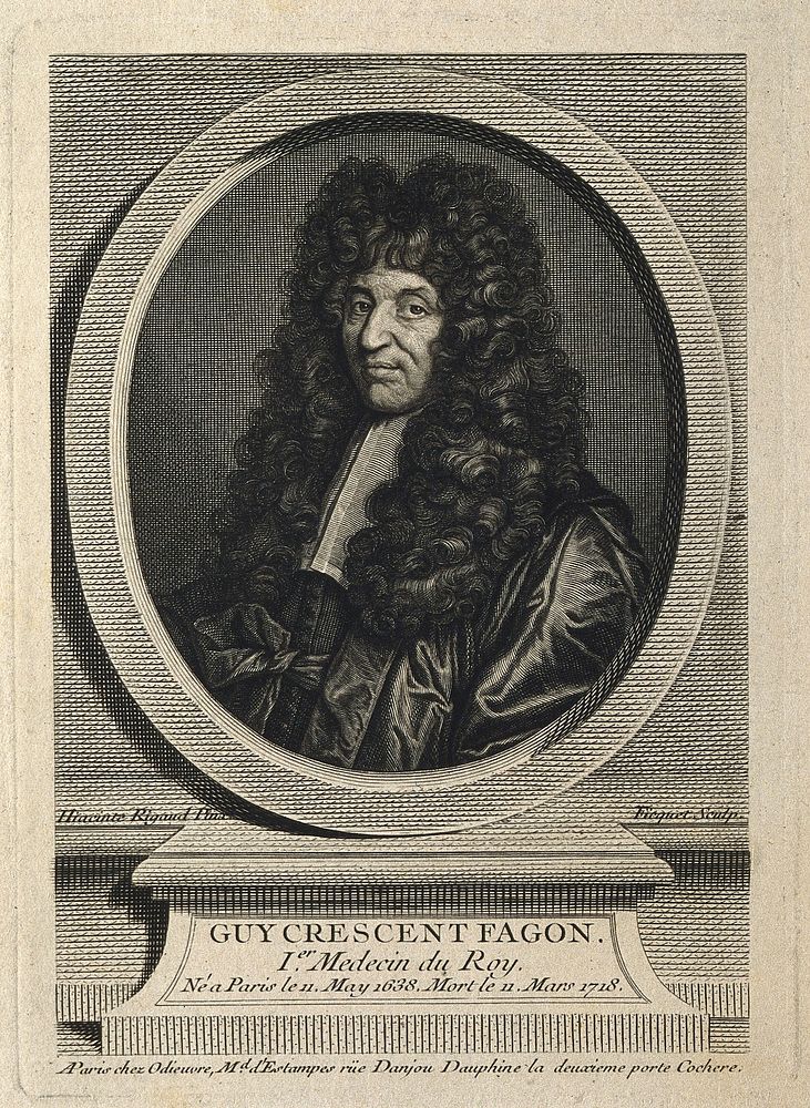 Gui Crescent Fagon. Line engraving by E. Ficquet, 1747 and 1765, after H. Rigaud, 1694.