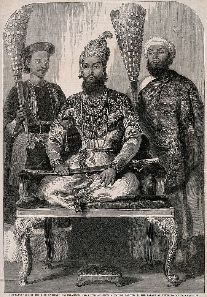 The eldest son of the King of Delhi accompanied by his physician and treasurer. Wood engraving after W. Carpenter.