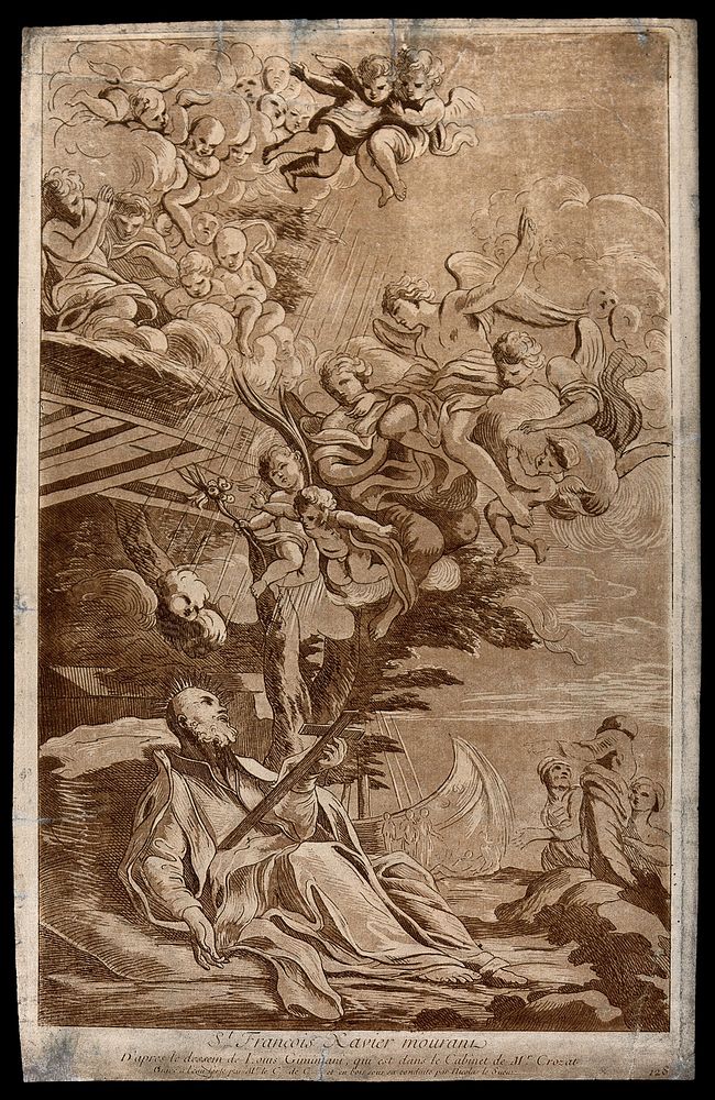 Death of Saint Francis Xavier, holding a crucifix and looking at the sky; angels and cherubs emerging from the clouds.…