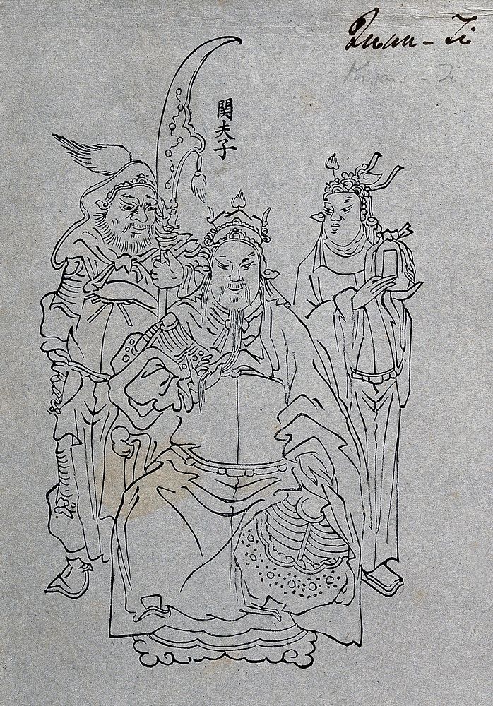 Kuan Ti, the Chinese god of war, with two attendants. Woodcut, 1850/1900 .