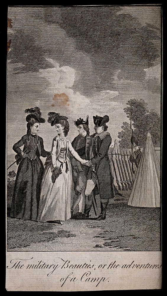Two women visit two soldiers at their training camp on Coxhead Common, Kent. Engraving after T. Stothard, 1781.