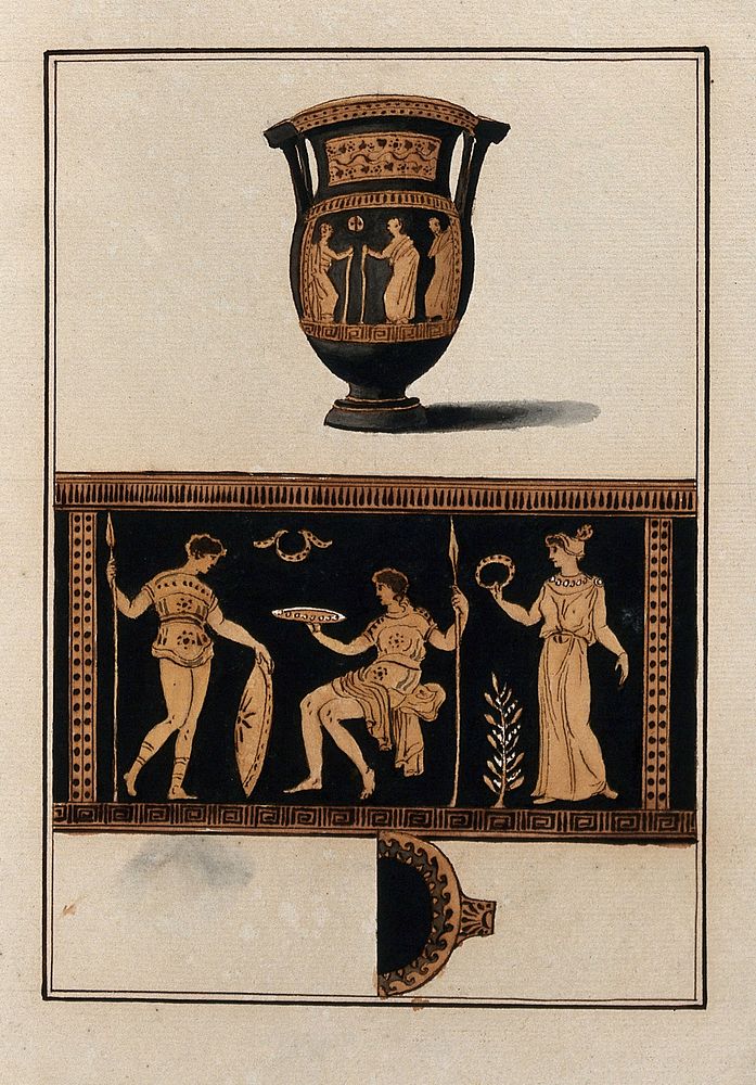 Above, red-figured Greek wine-mixing bowl (column krater); below, detail of the decoration showing a woman, a man holding a…