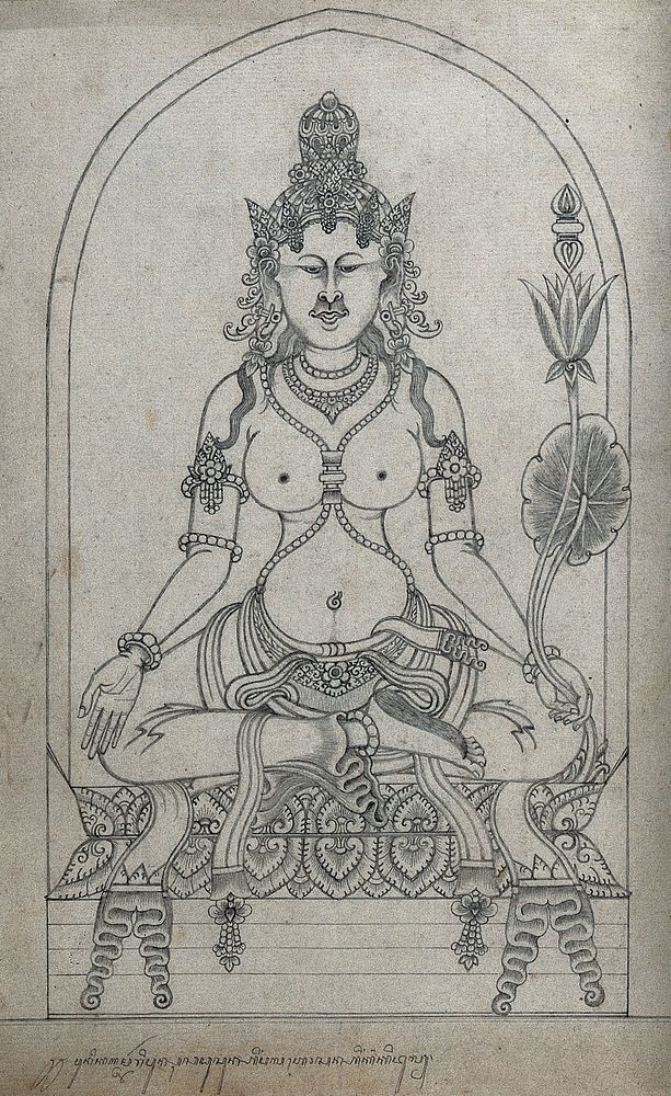 Temple sculpture: a seated figure holding a lotus flower. Pencil drawing.