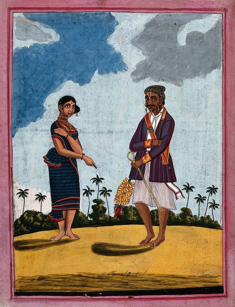 A member of the Vaishya caste holding a bunch of bananas with his wife holding a betel leaf. Gouache drawing.