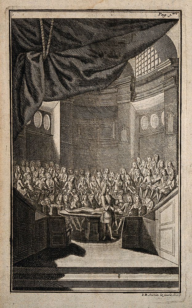 Pierre Dionis lecturing on surgery at the Saint-Côme lecture theatre in Paris. Engraving by Jean-Baptiste Scotin the…