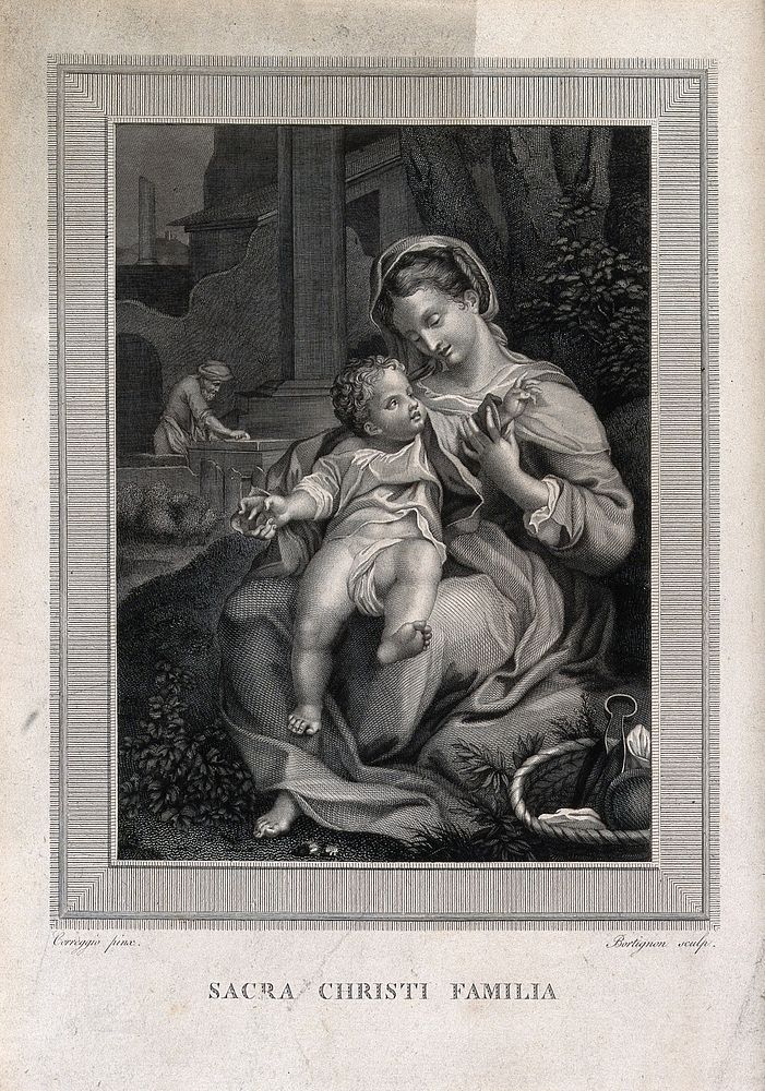 Saint Mary (the Blessed Virgin) and Saint Joseph with the Christ Child. Engraving by G. Bortignoni after A. Allegri, il…