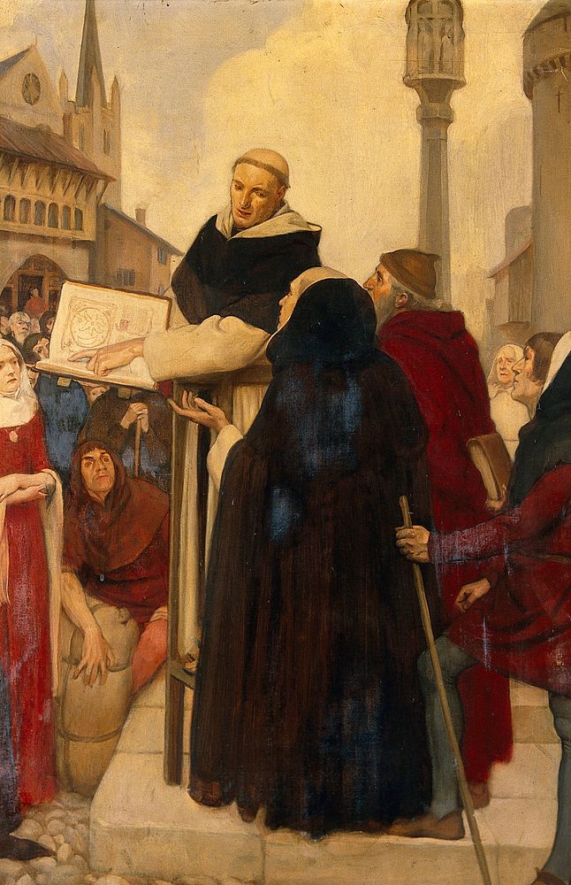 Albertus Magnus expounding his doctrines of physical science in the streets of Paris ca. 1245. Oil painting by Ernest Board.