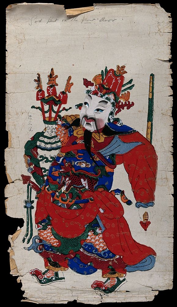 A Chinese lucky charm in the form of warrior with sword. Coloured woodcut by a Chinese artist.