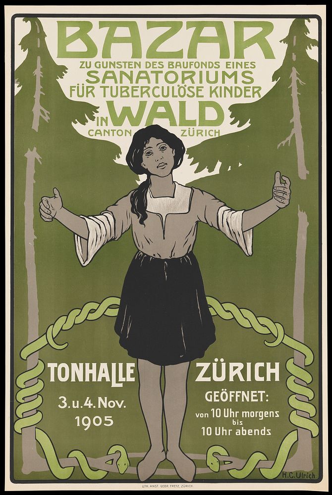 A girl with tuberculosis appealing for funds for a sanatorium for tuberculous children in Zürich. Colour lithograph after…