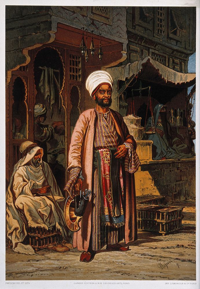 A barber is standing outside his shop in Cairo with the instruments of his trade in his hands.