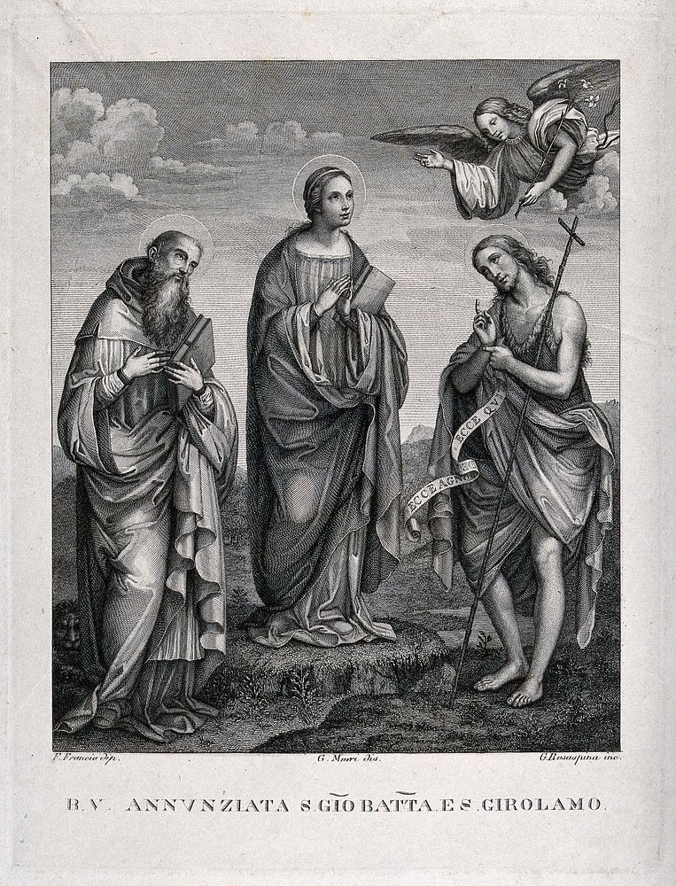 Saint Mary (the Blessed Virgin) with Saint John the Baptist, Saint Jerome and an angel. Engraving by G. Rosaspina after G.…