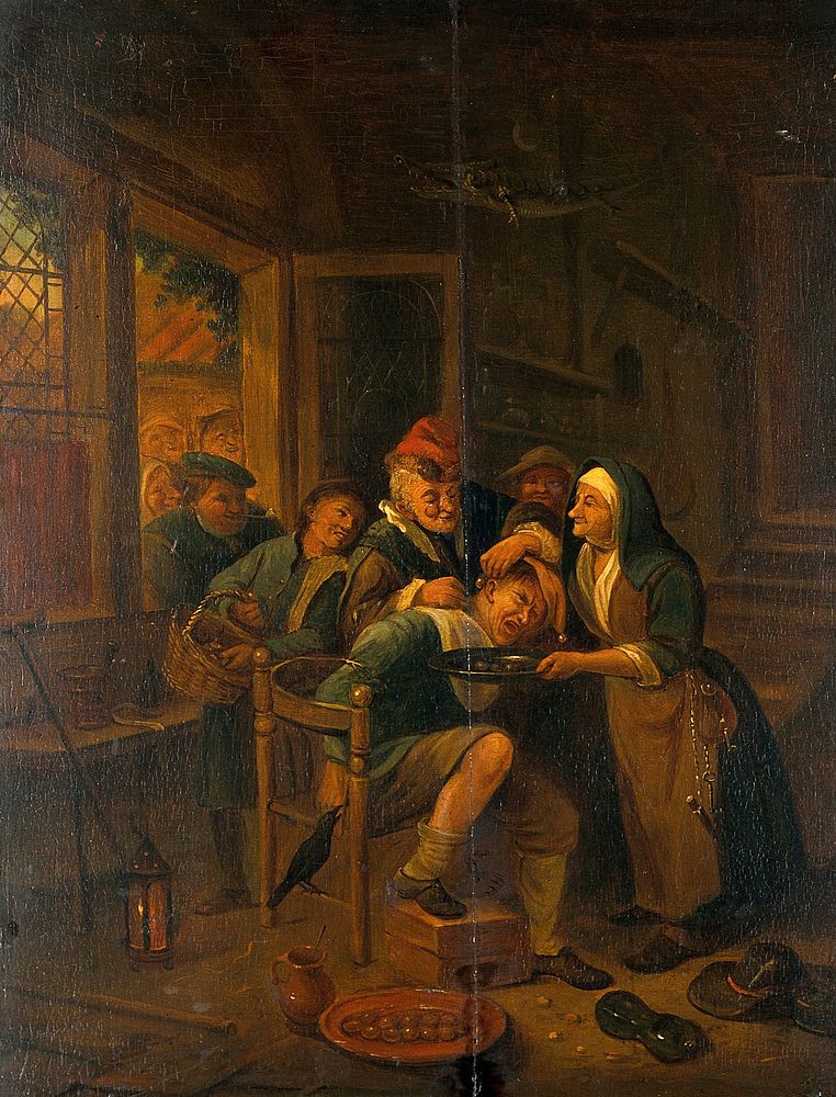 A surgeon removing "pierres de tête". Oil painting after Jan Steen.