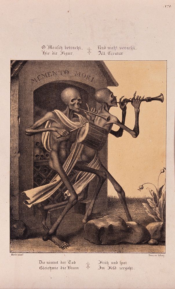 The dance of death at Basel; skeletons playing the pipe and the drum to accompany the dance. Lithograph by Danzer after H.…