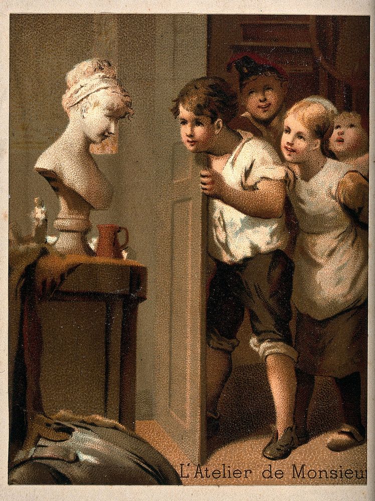 Children peer into a room with the bust of a woman sitting on the table. Colour process print.