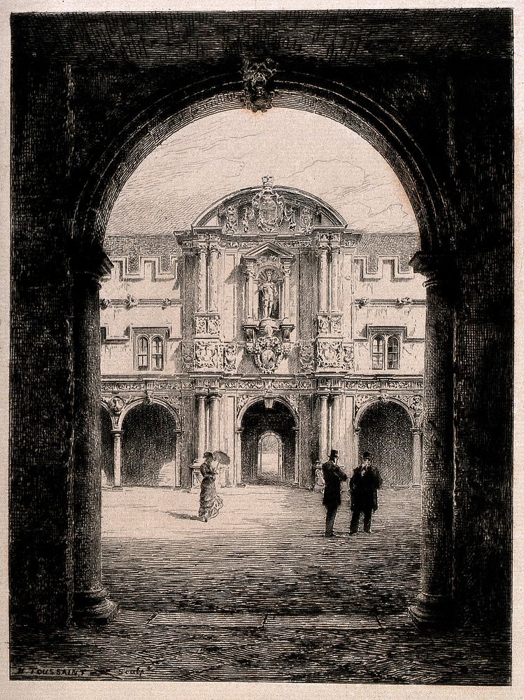 St. John's College, Oxford: gateway leading to the quadrangle. Etching by H. Toussaint.