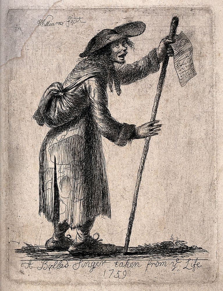 An old man with a bundle on his back, carrying a song sheet in one hand and a staff in the other. Etching by Williams.