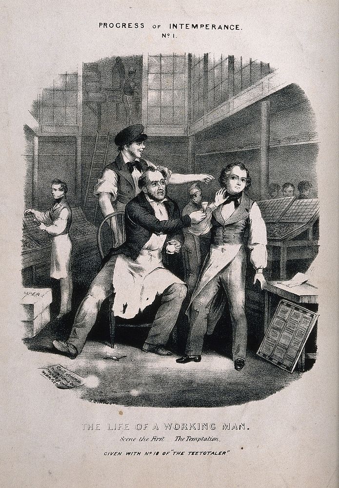 A young employee is tempted by a drink offered by his fellow workers. Lithograph, c. 1840, after T. Wilson.
