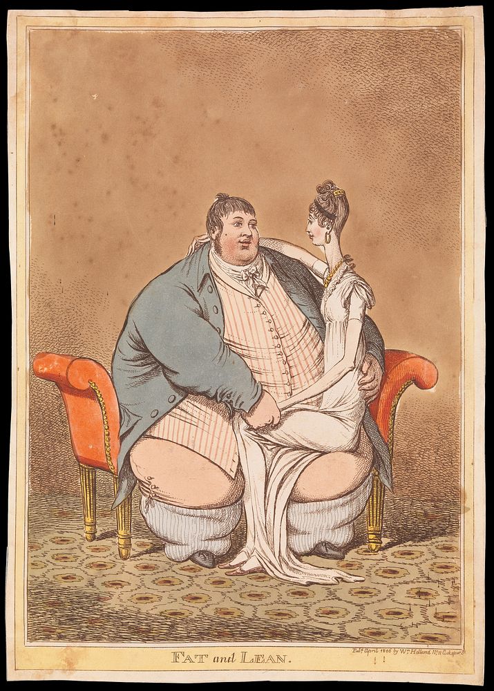 Daniel Lambert contrasted with a thin woman seated on his knee. Coloured etching by C. Williams, 1806.