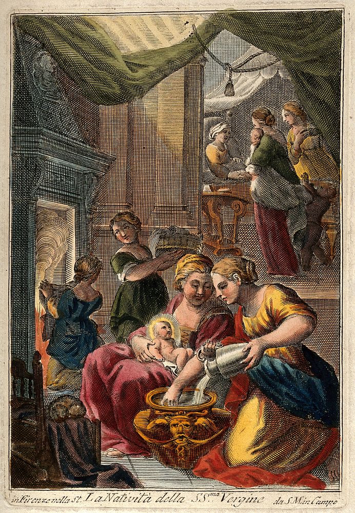 A midwife giving the Virgin Mary her first bath, Anna is visited by well-wishers congratulating her on the birth. Coloured…