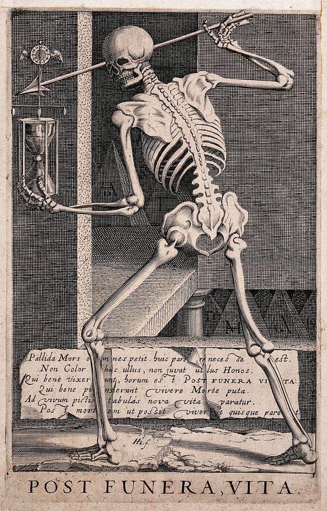 Death stands armed with spear and hourglass. Etching by H.H. (Hendrik Hondius I).