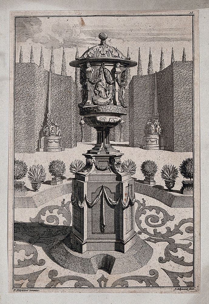 An ornate vase and pedestal with a lady and her servant carved on the side, in a classical garden. Etching by J. Schynvoet…