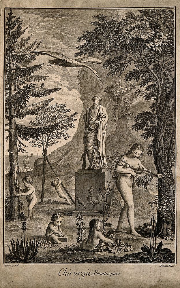 An allegory of surgery. Engraving by R. Benard after B.L. Prevost, 17--.