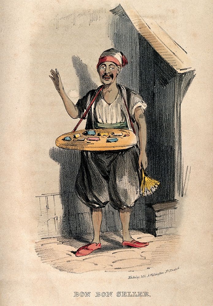 A man in Damascus selling sweets from the tray around his neck. Colour lithograph after W.M. Thackeray, 1838.