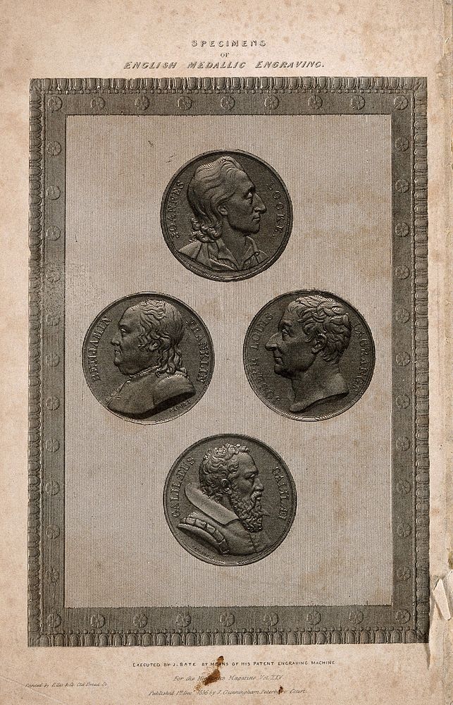 John Locke, Benjamin Franklin, Joseph-Louis Lagrange, and Galileo Galilei: profile portraits taken from medals. Line…