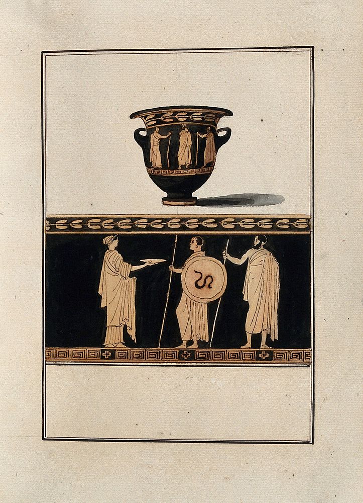 Above, red-figured Greek wine-mixing bowl (bell-krater); below, detail of the decoration showing a woman and two warriors…