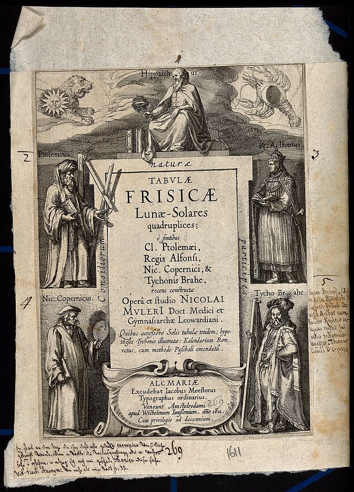 Astronomy: five astronomers, forming the allegorical titlepage to N. Mulerius,Tabulae frisicae lunae-solares quadruplices.…