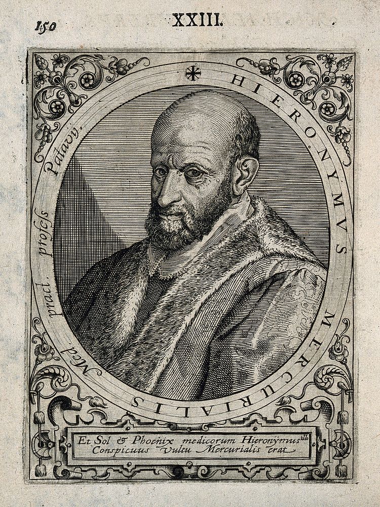 Hieronymus Mercurialis. Line engraving by T. de Bry.