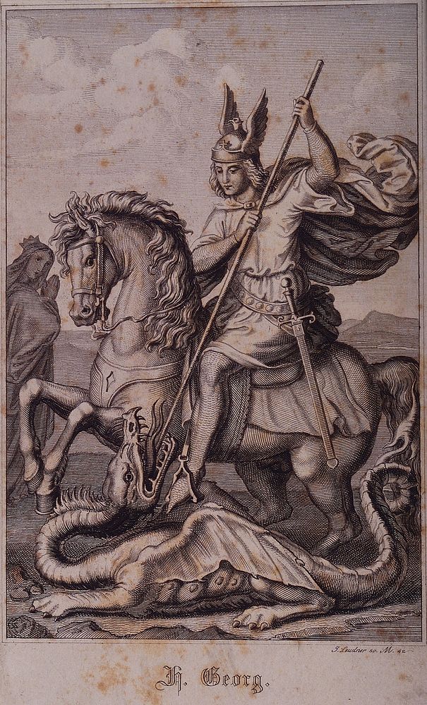 Saint George on horseback wearing a winged helmet, is about to kill the dragon with his lance. Line engraving by J. Leudner…