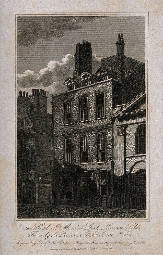 The residence of Sir Isaac Newton on the corner of Orange Street and St. Martin's Street, London: the Orange Street…