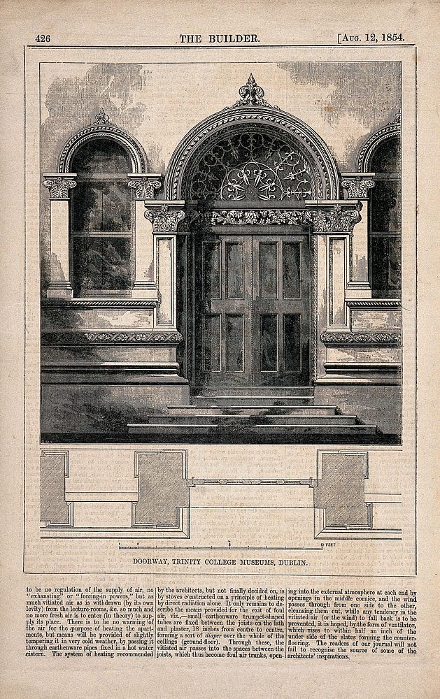 The doorway of Trinity College Museums with printed text and floor plans, Dublin, Ireland. Wood engraving by W.E. Hodgkin…