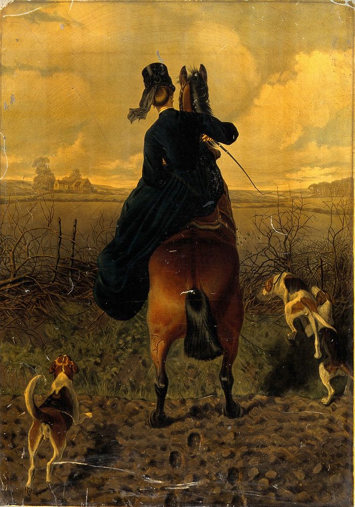 An elegantly dressed horsewoman approaching a fence, seen from behind. Colour oleograph by E.G. Hester after C. Burton…