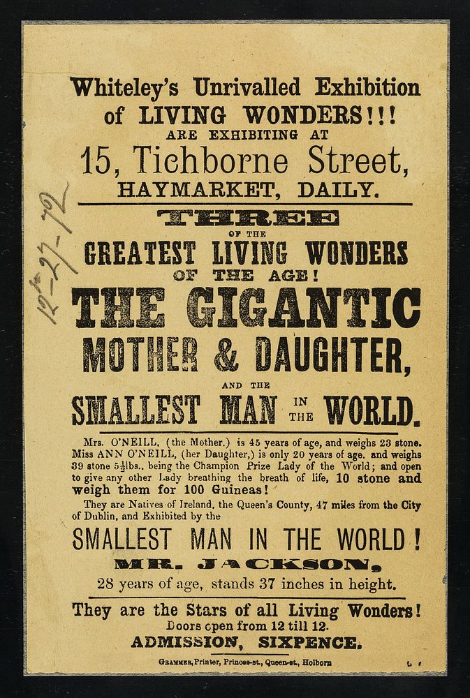 [Leaflet (27 December 1872) advertising an appearance of "the gigantic mother and daughter" of Queen's County, Ireland. Ann…