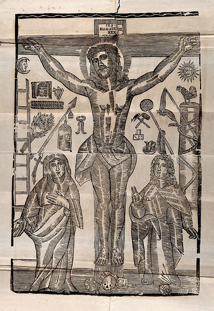 The crucifixion of Christ, with Mary and John the Evangelist, and vignettes relating to the Passion. Woodcut.